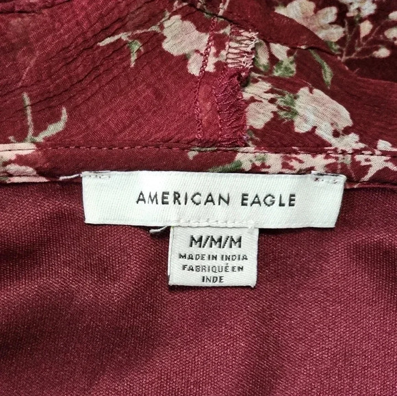 American Eagle Maroon Floral Ruffle Tie Waist Dress M Boho Cottagecore - Picture 5 of 8